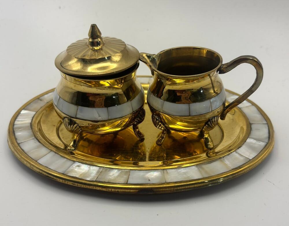 Vintage Brass Sugar Creamer Set Mother of Pearl Inlay Tray Made in India